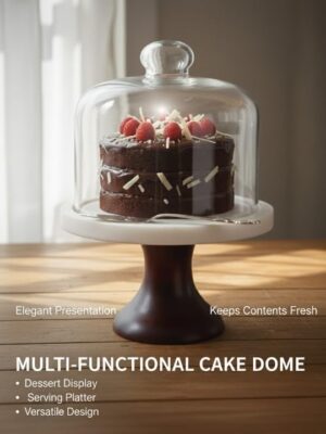 Premium Marble & Wood Cake Stand with Glass Dome Cover
