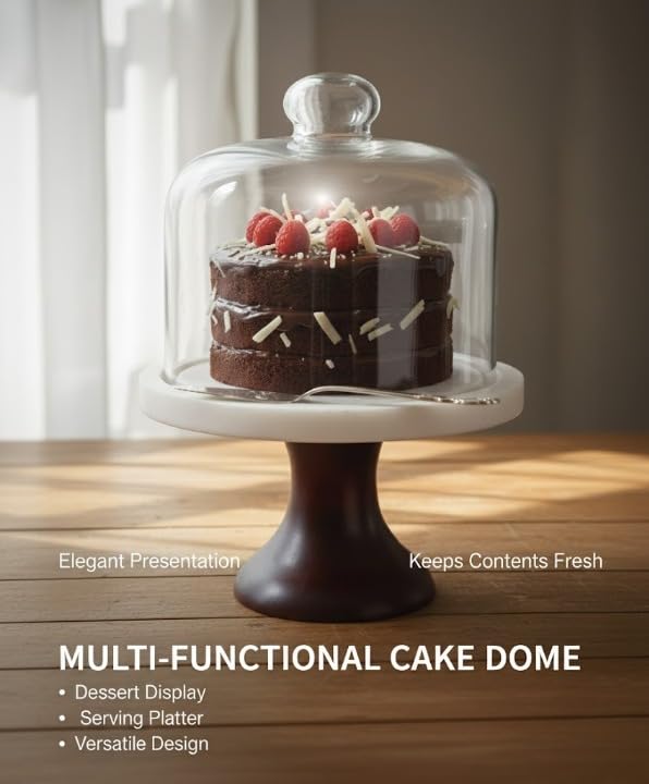Premium Marble & Wood Cake Stand with Glass Dome Cover