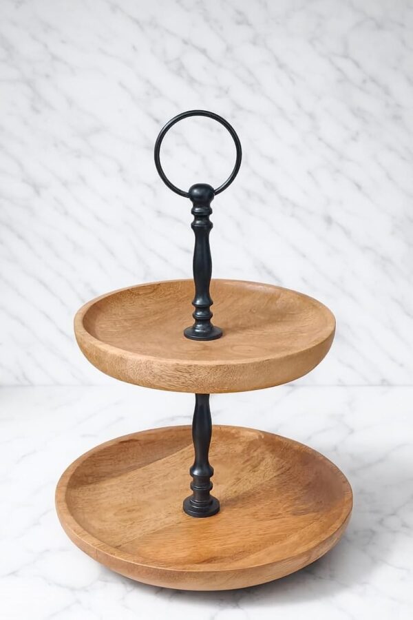 Premium 2-Tier Wooden Cake Stand with Metal Handle – 10" × 10" × 16" Inches