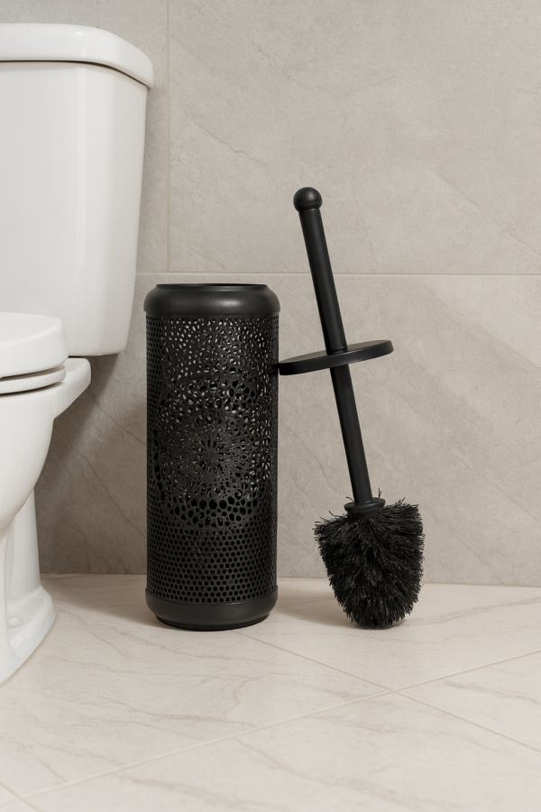 ChatGPT Image Nov 18, 2025, 11_58_54 PM Premium Matte Black Toilet Brush with Decorative Holder – Modern Laser-Cut Design – 9L × 9W × 40H cm