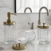 Luxury Glass Bathroom Accessory Set with Gold Metal Lids – Refillable Soap Dispenser and Storage Jars with Crystal Knobs Size - (25L x 9W x 20H Cm)