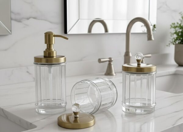 Luxury Glass Bathroom Accessory Set with Gold Metal Lids – Refillable Soap Dispenser and Storage Jars with Crystal Knobs Size - (25L x 9W x 20H Cm)