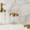 Luxury Glass Bathroom Accessory Set with Gold Metal Lids – Refillable Soap Dispenser and Storage Jars with Crystal Knobs Size - (25L x 9W x 20H Cm)