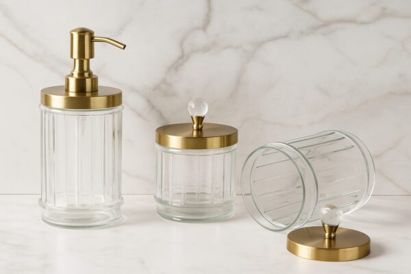 Luxury Glass Bathroom Accessory Set with Gold Metal Lids – Refillable Soap Dispenser and Storage Jars with Crystal Knobs Size - (25L x 9W x 20H Cm)