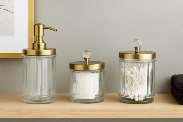 Luxury Glass Bathroom Accessory Set with Gold Metal Lids – Refillable Soap Dispenser and Storage Jars with Crystal Knobs Size - (25L x 9W x 20H Cm)