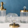 Luxury Glass Bathroom Accessory Set with Gold Metal Lids – Refillable Soap Dispenser and Storage Jars with Crystal Knobs Size - (25L x 9W x 20H Cm)