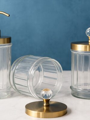 Luxury Glass Bathroom Accessory Set with Gold Metal Lids – Refillable Soap Dispenser and Storage Jars with Crystal Knobs Size - (25L x 9W x 20H Cm)