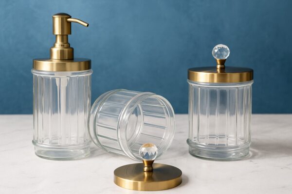 Luxury Glass Bathroom Accessory Set with Gold Metal Lids – Refillable Soap Dispenser and Storage Jars with Crystal Knobs Size - (25L x 9W x 20H Cm)