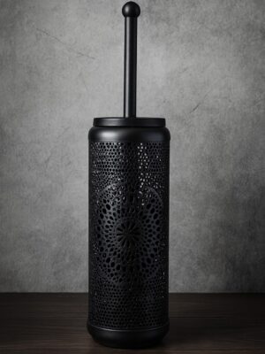 Premium Matte Black Toilet Brush with Decorative Holder – Modern Laser-Cut Design – 9L × 9W × 40H cm