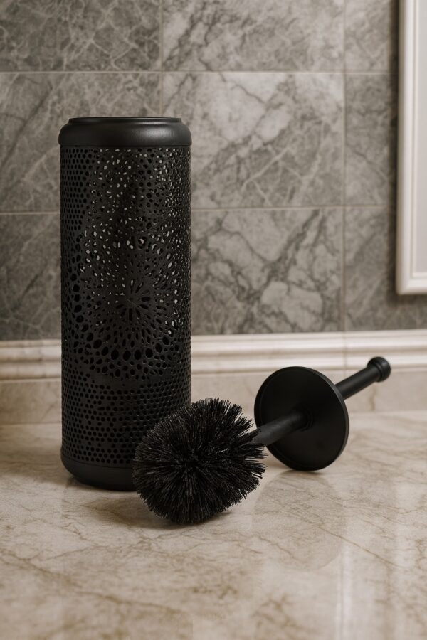 WhatsApp Image 2025-11-19 at 2.30.00 PM Premium Matte Black Toilet Brush with Decorative Holder – Modern Laser-Cut Design – 9L × 9W × 40H cm