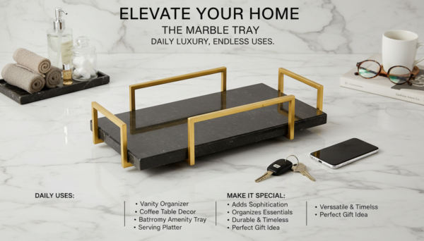 Rectangle Black  Marble Tray W/Gold Metal for Decor & Serving Also Use, Size (12L x 6W x 2.5H Inch)