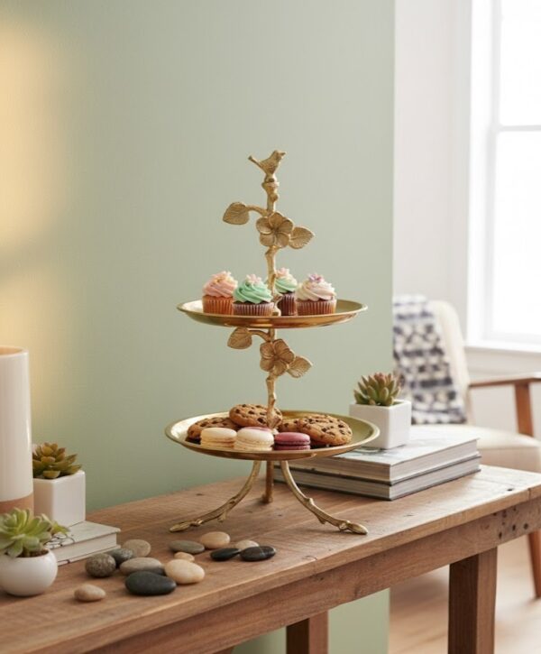 WhatsApp Image 2025-12-30 at 4.50.05 PM Premium Two-Tier Cake Stand in Stainless Steel with Antique Brass Finish – Floral & Bird Design Dessert / Cupcake / Serving Stand