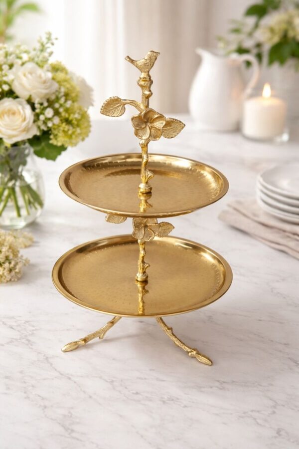 WhatsApp Image 2025-12-30 at 4.53.39 PM Premium Two-Tier Cake Stand in Stainless Steel with Antique Brass Finish – Floral & Bird Design Dessert / Cupcake / Serving Stand