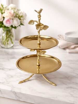 Premium Two-Tier Cake Stand in Stainless Steel with Antique Brass Finish – Floral & Bird Design Dessert / Cupcake / Serving Stand