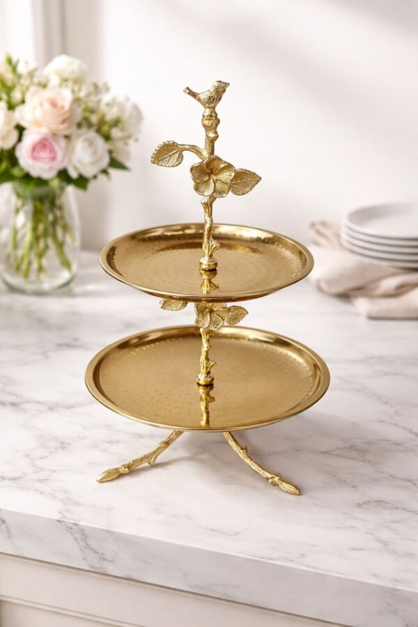 WhatsApp Image 2025-12-30 at 4.57.52 PM Premium Two-Tier Cake Stand in Stainless Steel with Antique Brass Finish – Floral & Bird Design Dessert / Cupcake / Serving Stand