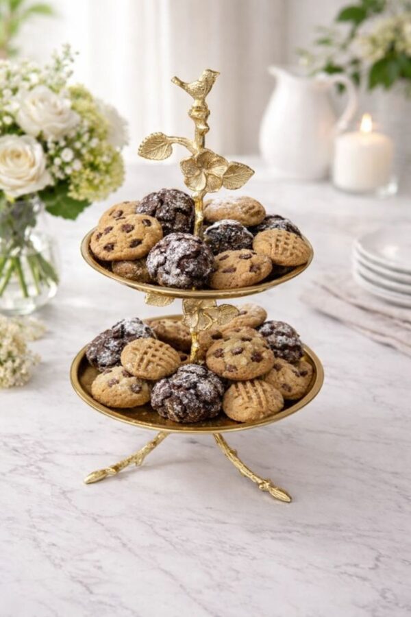 WhatsApp Image 2025-12-30 at 5.00.38 PM Premium Two-Tier Cake Stand in Stainless Steel with Antique Brass Finish – Floral & Bird Design Dessert / Cupcake / Serving Stand