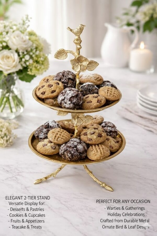 WhatsApp Image 2025-12-30 at 5.02.04 PM Premium Two-Tier Cake Stand in Stainless Steel with Antique Brass Finish – Floral & Bird Design Dessert / Cupcake / Serving Stand