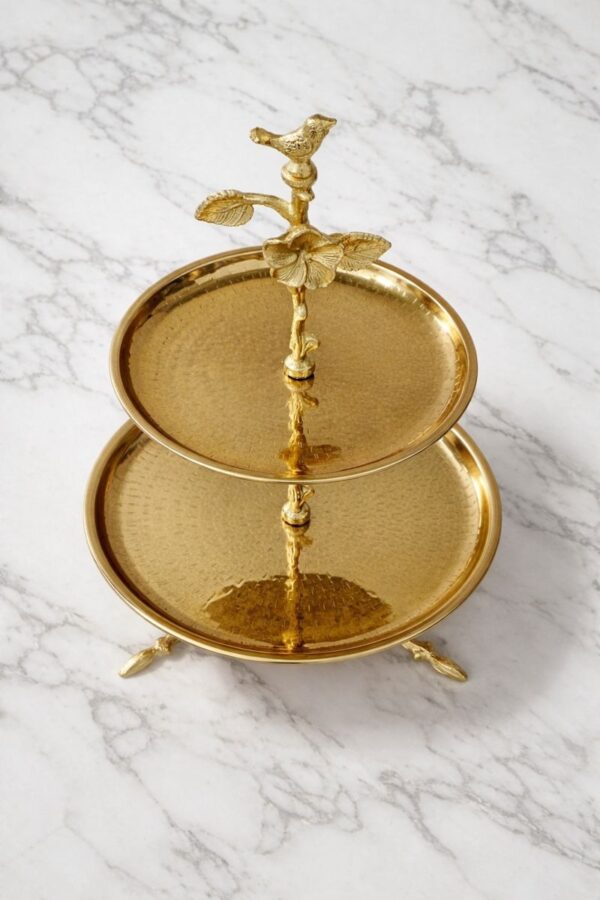 WhatsApp Image 2025-12-30 at 5.06.13 PM Premium Two-Tier Cake Stand in Stainless Steel with Antique Brass Finish – Floral & Bird Design Dessert / Cupcake / Serving Stand