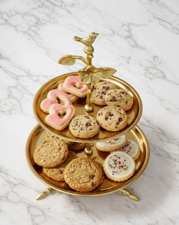 WhatsApp Image 2025-12-30 at 5.09.28 PM Premium Two-Tier Cake Stand in Stainless Steel with Antique Brass Finish – Floral & Bird Design Dessert / Cupcake / Serving Stand