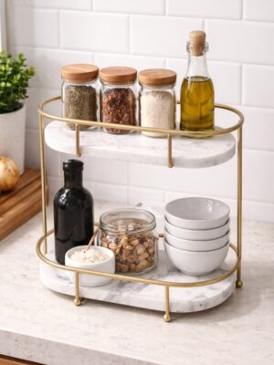 Beautiful 2-Tier Organizer with Gold Metal Frame & White Marble
