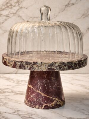 Luxury Marble Cake Stand with Ribbed Glass Dome Cover – Premium Dessert Display Pedestal for Cakes, Pastries & Home Décor