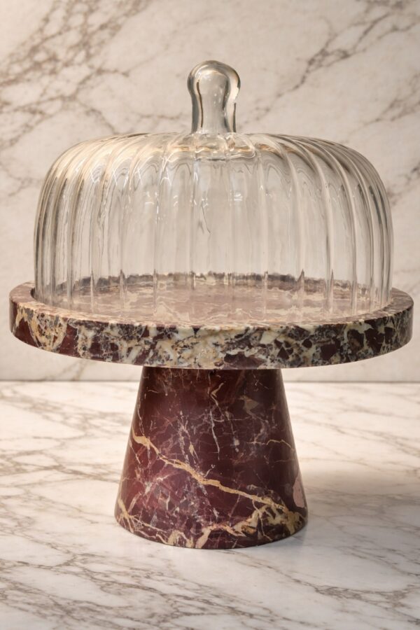 Luxury Marble Cake Stand with Ribbed Glass Dome Cover – Premium Dessert Display Pedestal for Cakes, Pastries & Home Décor