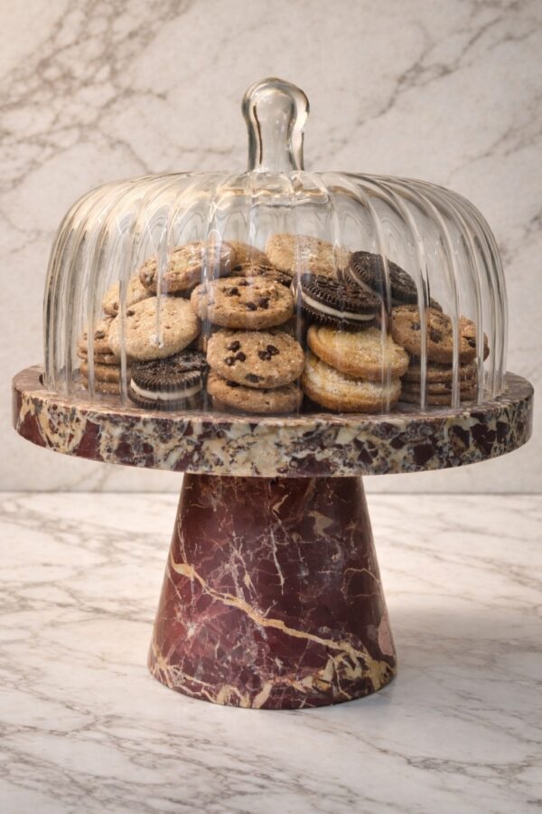 Luxury Marble Cake Stand with Ribbed Glass Dome Cover – Premium Dessert Display Pedestal for Cakes, Pastries & Home Décor