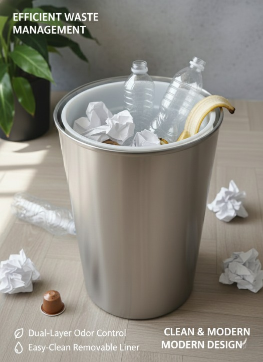 Stainless Steel Waste Bin with Removable Plastic Inner Bucket for Home, Office & Hotel Use – Open Top Dustbin, Matte Finish – 8.5 Inch Diameter × 11 Inch Height
