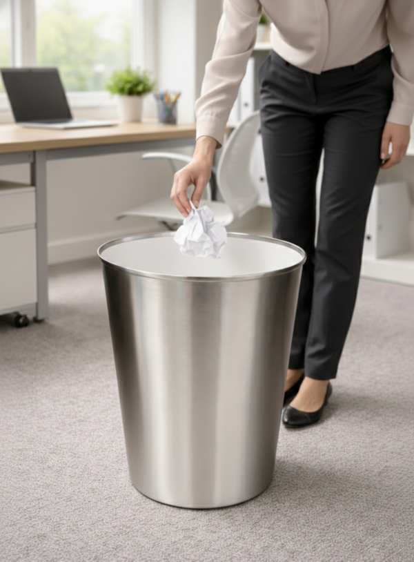 Stainless Steel Waste Bin with Removable Plastic Inner Bucket for Home, Office & Hotel Use – Open Top Dustbin, Matte Finish – 8.5 Inch Diameter × 11 Inch Height