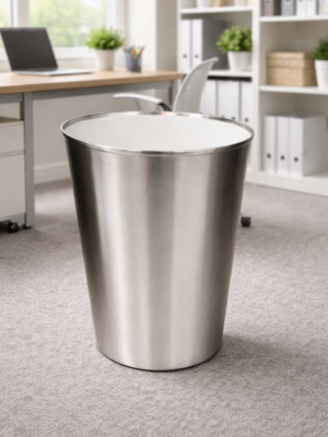 Stainless Steel Waste Bin with Removable Plastic Inner Bucket for Home, Office & Hotel Use – Open Top Dustbin, Matte Finish – 8.5 Inch Diameter × 11 Inch Height
