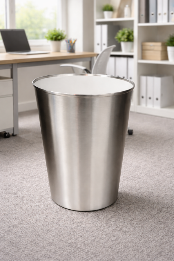 Stainless Steel Waste Bin with Removable Plastic Inner Bucket for Home, Office & Hotel Use – Open Top Dustbin, Matte Finish – 8.5 Inch Diameter × 11 Inch Height