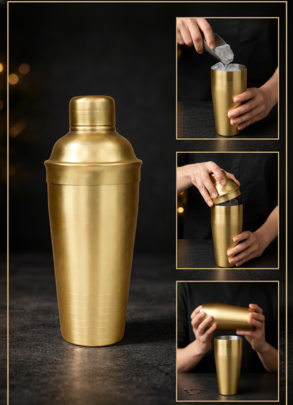 Premium 750 ML Boston Style Cocktail Shaker – Stainless Steel Gold Finish Bar Shaker for Mixing, Straining & Professional Drink Making
