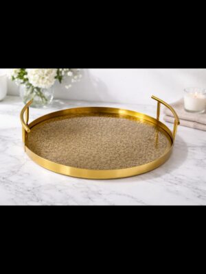 Premium Stainless Steel Round Serving & Decorative Tray with Gold Finish Handles – 14" Diameter x 2.5" Height