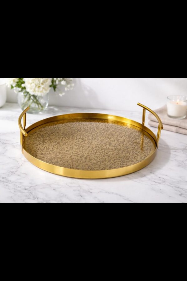 Premium Stainless Steel Round Serving & Decorative Tray with Gold Finish Handles – 14" Diameter x 2.5" Height