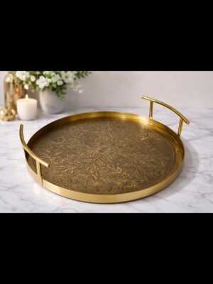 Premium Stainless Steel Round Serving & Decorative Tray with Gold Finish Handles – 14" Diameter x 2.5" Height