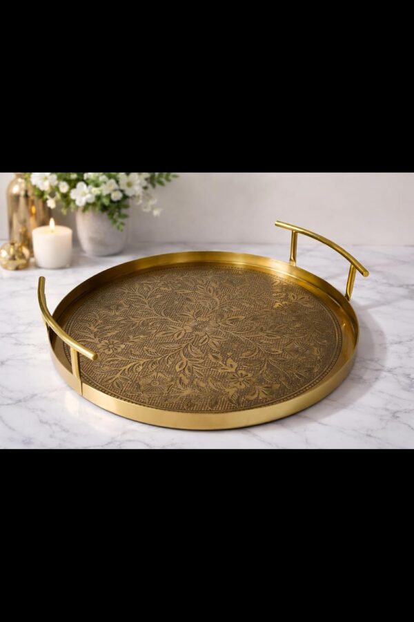 Premium Stainless Steel Round Serving & Decorative Tray with Gold Finish Handles – 14" Diameter x 2.5" Height
