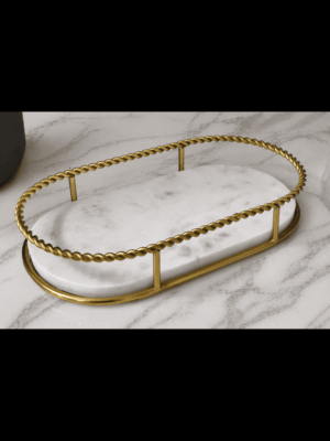 Premium White Marble Serving Tray with Gold Finish Metal Handle Frame 30L x 16.5W x 5H Centimeters