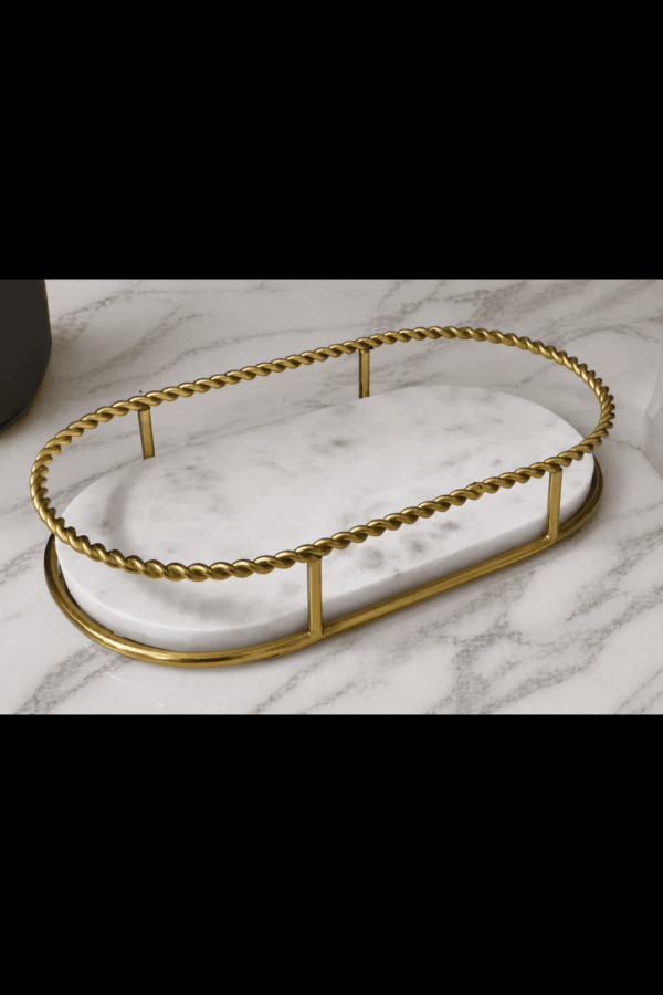 Premium White Marble Serving Tray with Gold Finish Metal Handle Frame 30L x 16.5W x 5H Centimeters