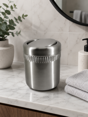 Stainless Steel Mini Swing Lid Dustbin for Bathroom Countertop & Vanity Use 5.5 Inch Diameter x 6.5 Inch Height