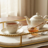 Premium White Marble Serving Tray with Gold Finish Metal Handle Frame 30L x 16.5W x 5H Centimeters