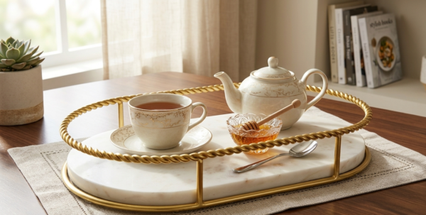 Premium White Marble Serving Tray with Gold Finish Metal Handle Frame 30L x 16.5W x 5H Centimeters