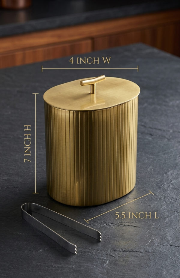 Luxury Oval Double Wall Matte Gold Ice Bucket with Lid & Tongs  (5.5” L × 4” W × 7” H)