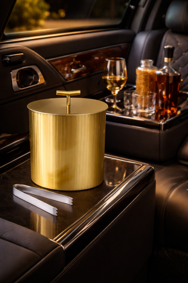 Luxury Oval Double Wall Matte Gold Ice Bucket with Lid & Tongs  (5.5” L × 4” W × 7” H)
