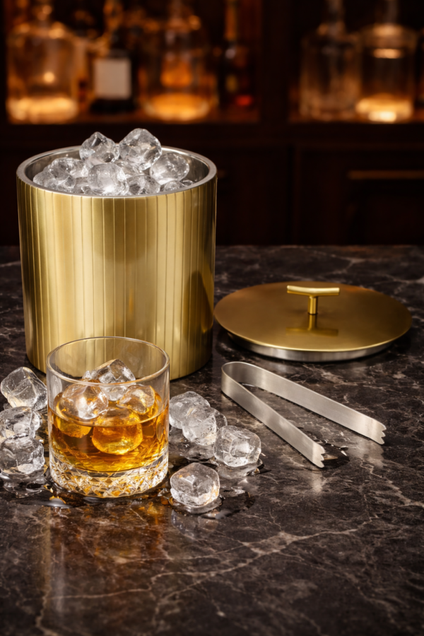Luxury Oval Double Wall Matte Gold Ice Bucket with Lid & Tongs  (5.5” L × 4” W × 7” H)