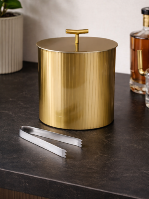 Luxury Oval Double Wall Matte Gold Ice Bucket with Lid & Tongs  (5.5” L × 4” W × 7” H)