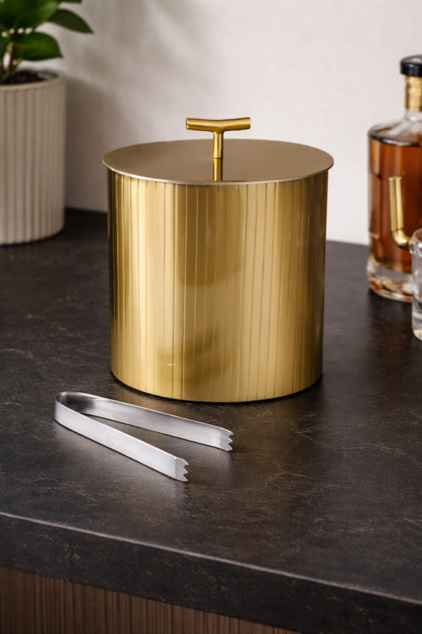 Luxury Oval Double Wall Matte Gold Ice Bucket with Lid & Tongs  (5.5” L × 4” W × 7” H)