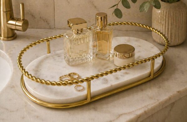 Premium White Marble Serving Tray with Gold Finish Metal Handle Frame 30L x 16.5W x 5H Centimeters