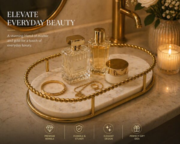 Premium White Marble Serving Tray with Gold Finish Metal Handle Frame 30L x 16.5W x 5H Centimeters