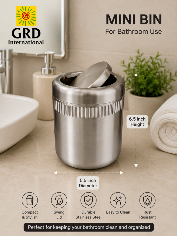 Stainless Steel Mini Swing Lid Dustbin for Bathroom Countertop & Vanity Use 5.5 Inch Diameter x 6.5 Inch Height
