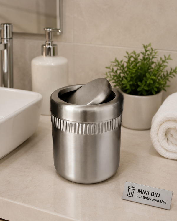 Stainless Steel Mini Swing Lid Dustbin for Bathroom Countertop & Vanity Use 5.5 Inch Diameter x 6.5 Inch Height